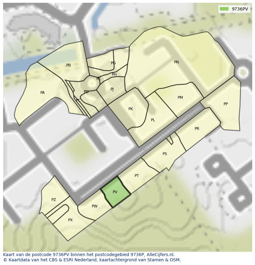 Afbeelding van het postcodegebied 9736 PV op de kaart.
