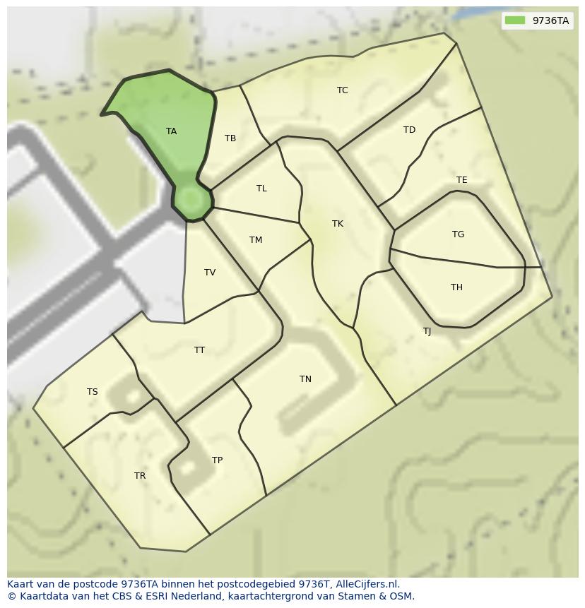 Afbeelding van het postcodegebied 9736 TA op de kaart.