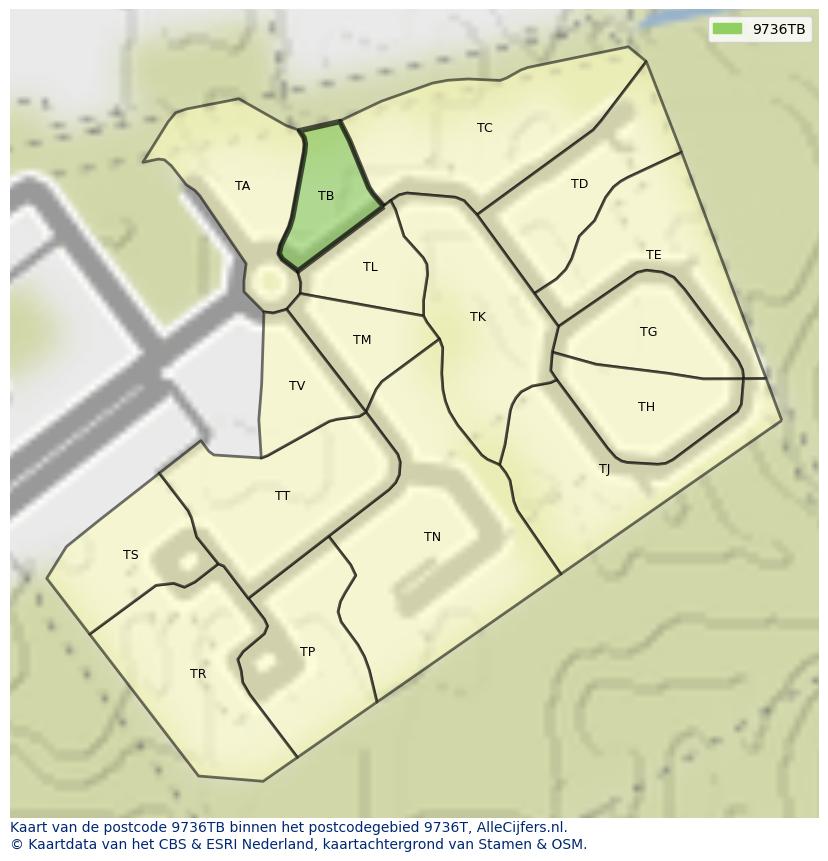 Afbeelding van het postcodegebied 9736 TB op de kaart.