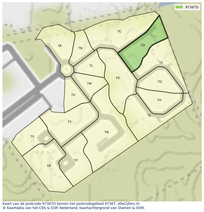 Afbeelding van het postcodegebied 9736 TD op de kaart.