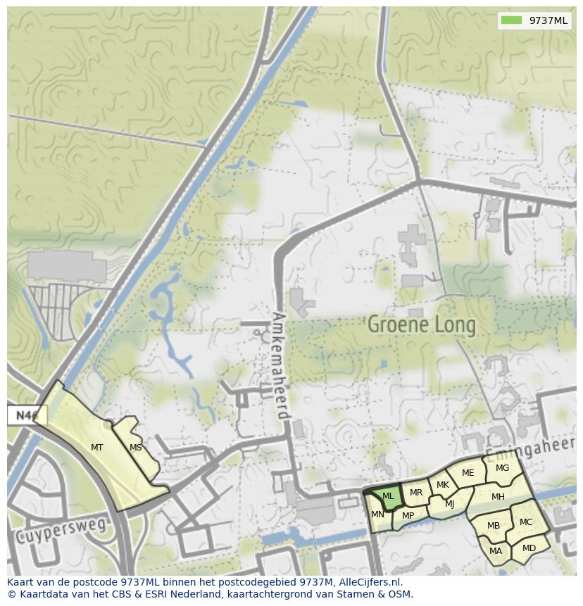 Afbeelding van het postcodegebied 9737 ML op de kaart.