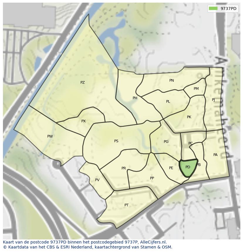 Afbeelding van het postcodegebied 9737 PD op de kaart.