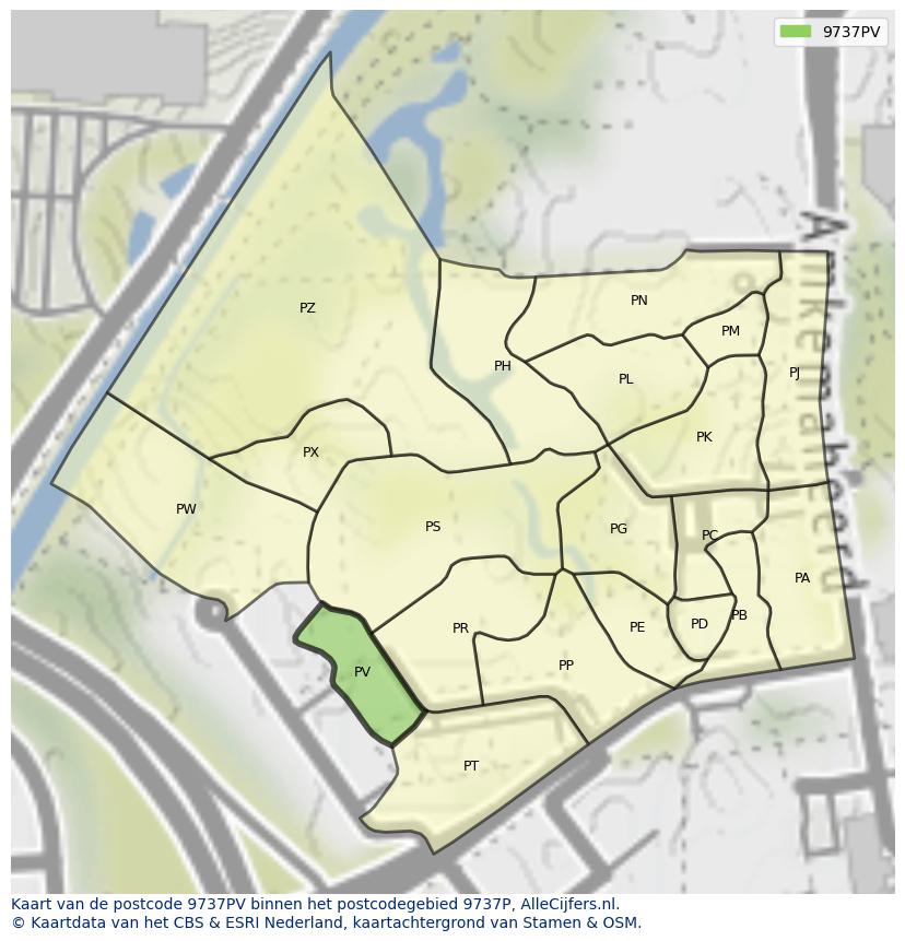 Afbeelding van het postcodegebied 9737 PV op de kaart.