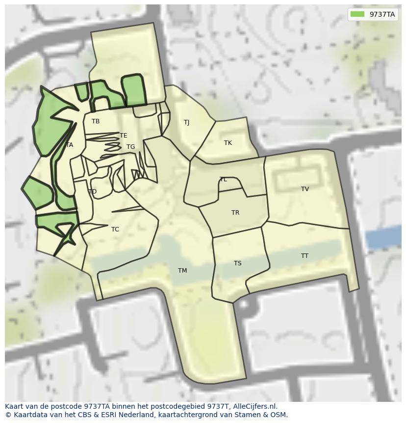 Afbeelding van het postcodegebied 9737 TA op de kaart.