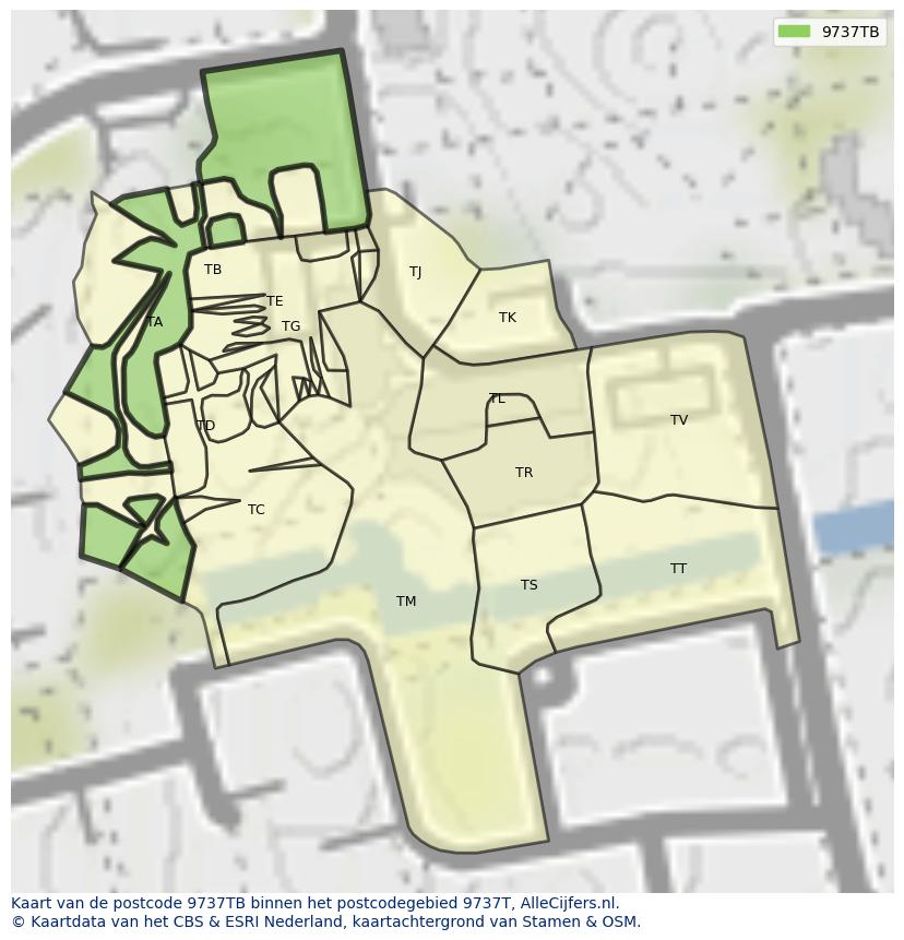 Afbeelding van het postcodegebied 9737 TB op de kaart.