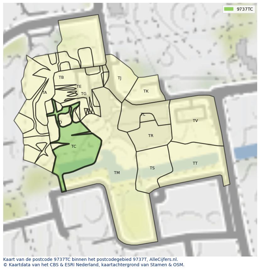 Afbeelding van het postcodegebied 9737 TC op de kaart.