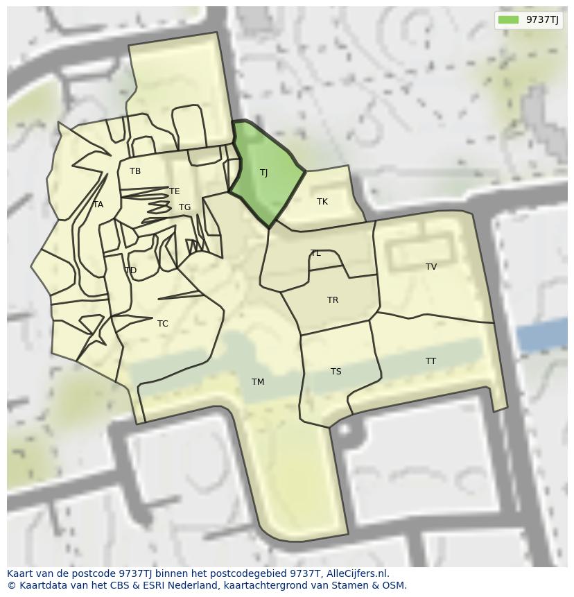 Afbeelding van het postcodegebied 9737 TJ op de kaart.