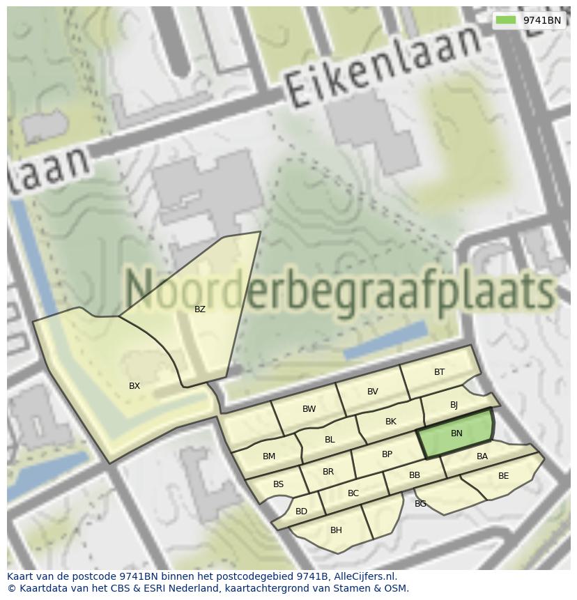 Afbeelding van het postcodegebied 9741 BN op de kaart.