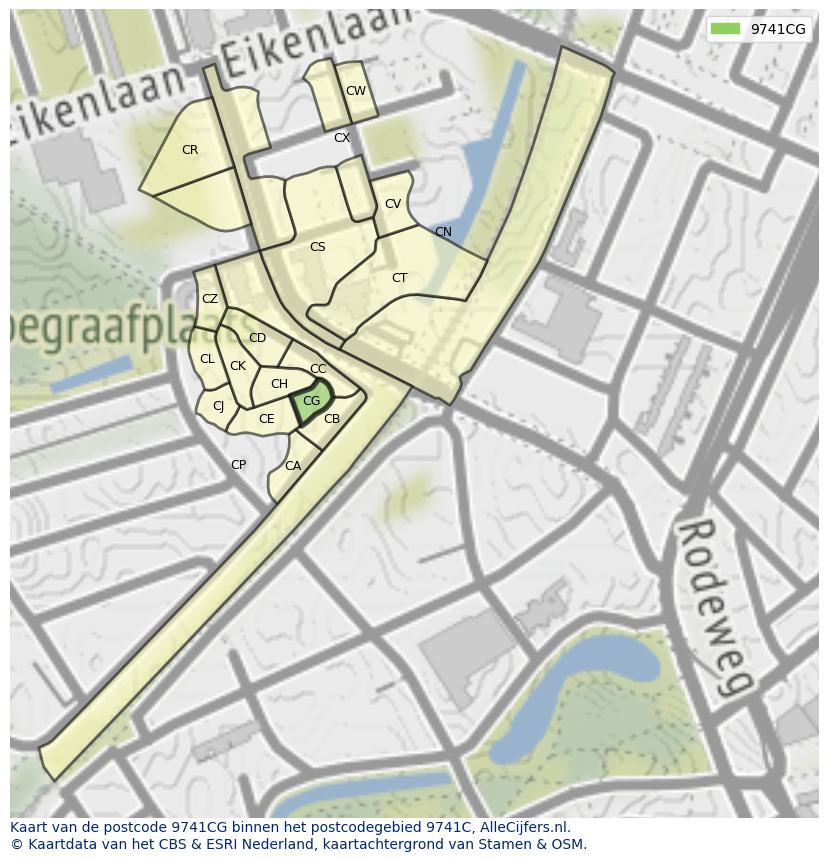 Afbeelding van het postcodegebied 9741 CG op de kaart.
