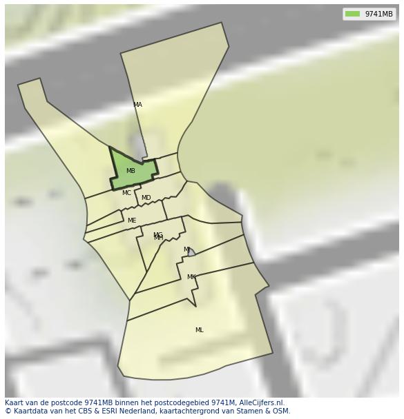 Afbeelding van het postcodegebied 9741 MB op de kaart.