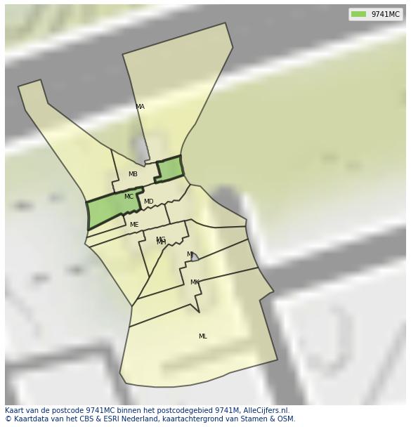 Afbeelding van het postcodegebied 9741 MC op de kaart.