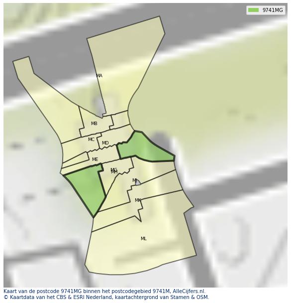 Afbeelding van het postcodegebied 9741 MG op de kaart.