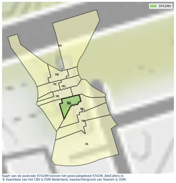 Afbeelding van het postcodegebied 9741 MH op de kaart.