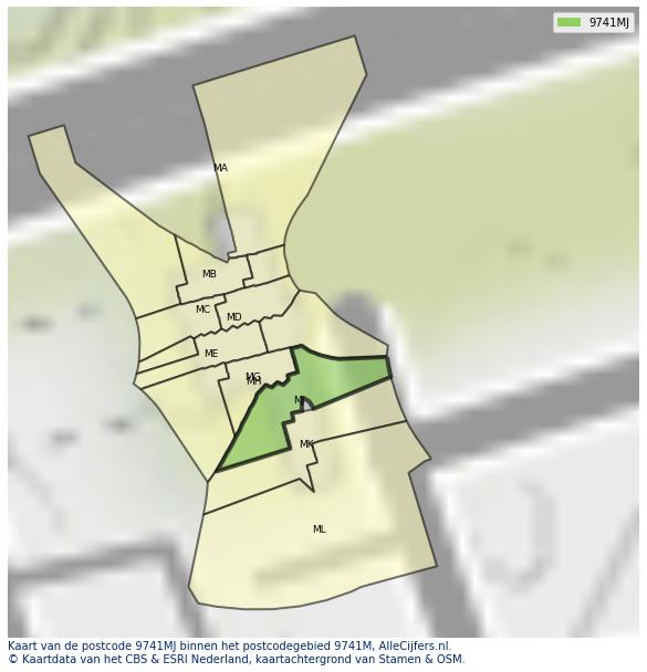 Afbeelding van het postcodegebied 9741 MJ op de kaart.