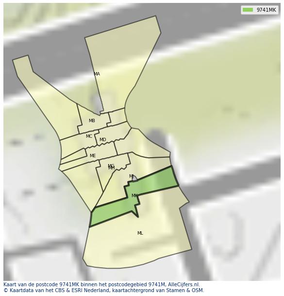 Afbeelding van het postcodegebied 9741 MK op de kaart.