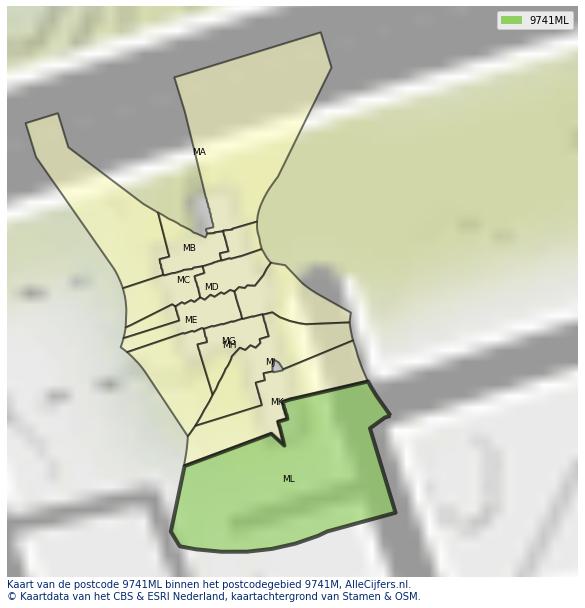 Afbeelding van het postcodegebied 9741 ML op de kaart.