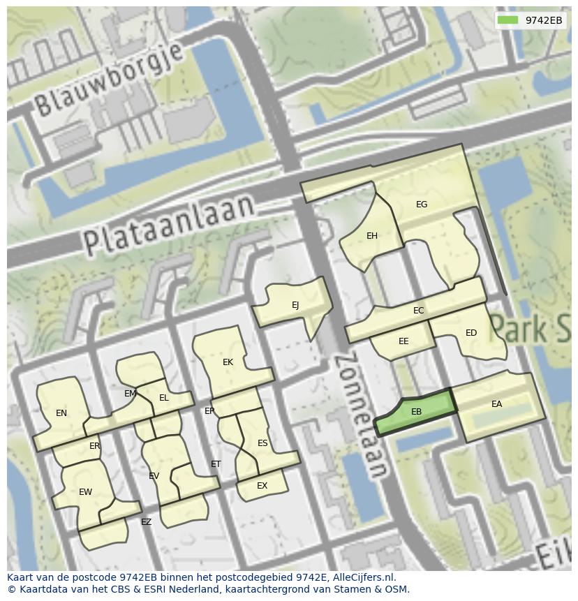 Afbeelding van het postcodegebied 9742 EB op de kaart.