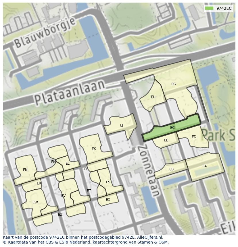 Afbeelding van het postcodegebied 9742 EC op de kaart.