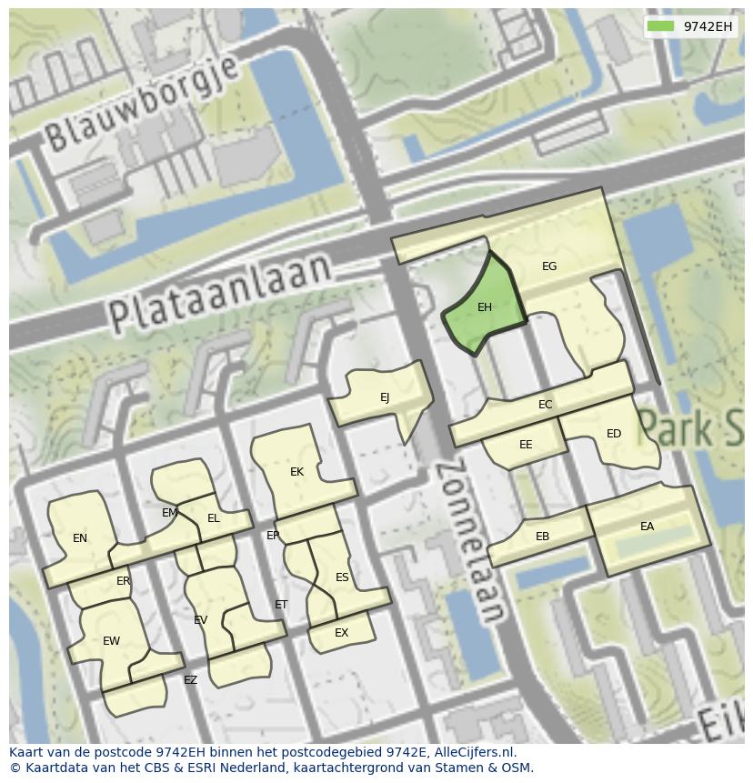 Afbeelding van het postcodegebied 9742 EH op de kaart.