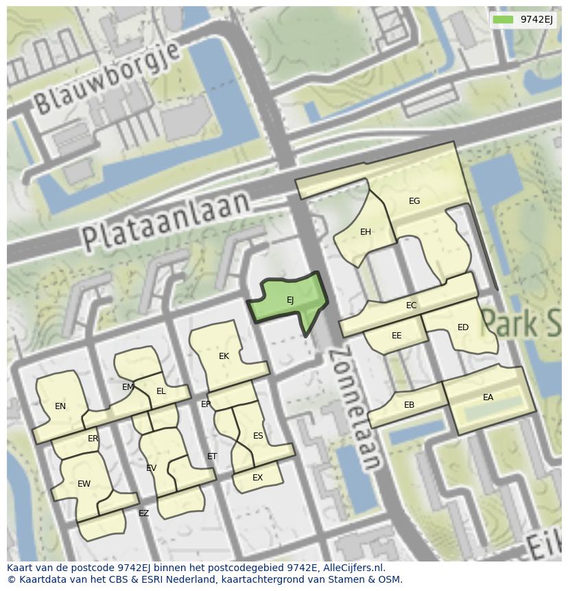 Afbeelding van het postcodegebied 9742 EJ op de kaart.
