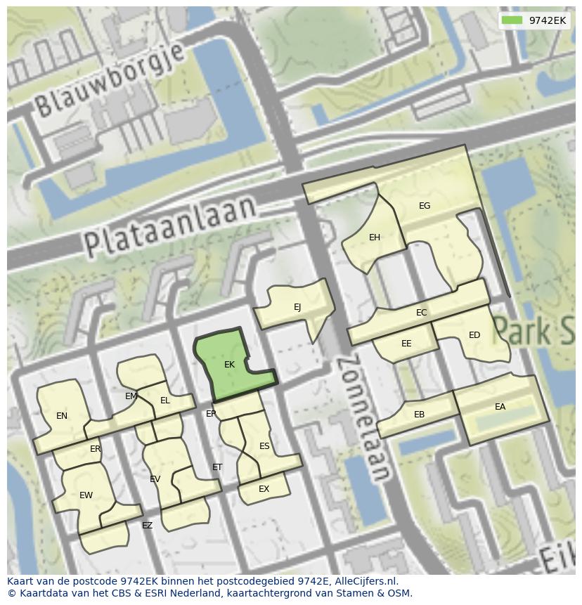Afbeelding van het postcodegebied 9742 EK op de kaart.
