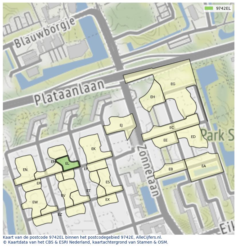 Afbeelding van het postcodegebied 9742 EL op de kaart.