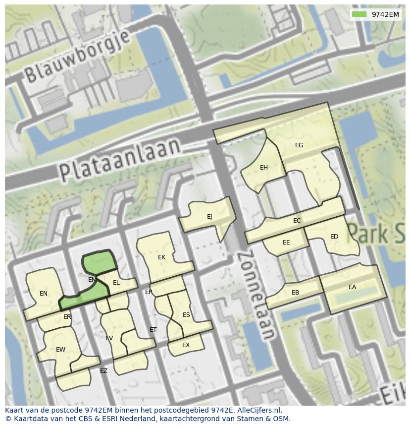 Afbeelding van het postcodegebied 9742 EM op de kaart.