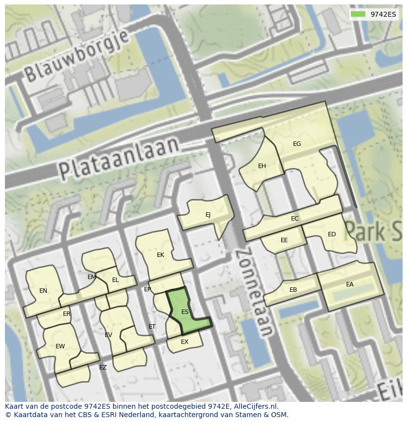 Afbeelding van het postcodegebied 9742 ES op de kaart.