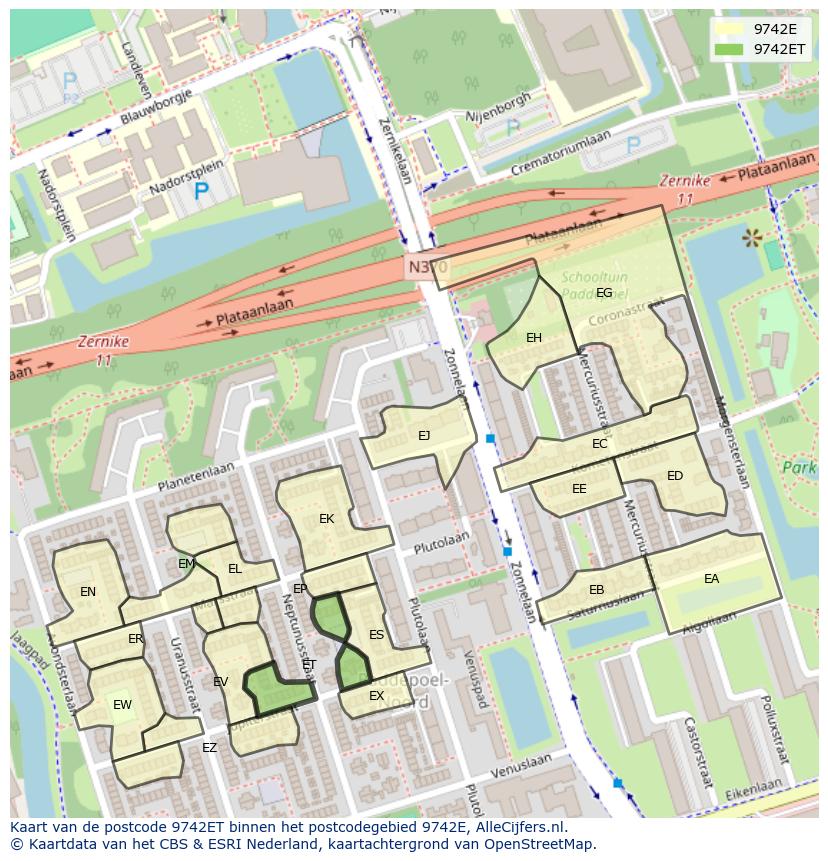 Afbeelding van het postcodegebied 9742 ET op de kaart.