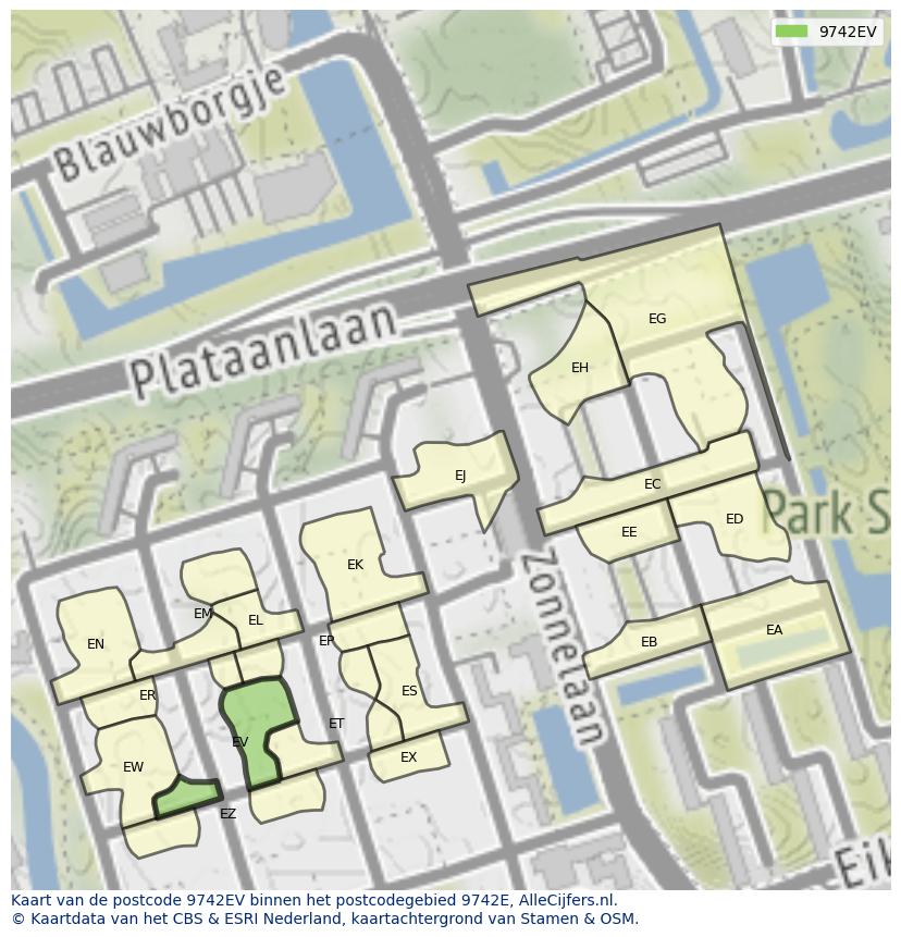Afbeelding van het postcodegebied 9742 EV op de kaart.