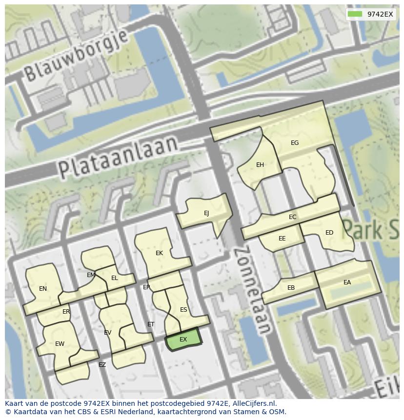Afbeelding van het postcodegebied 9742 EX op de kaart.