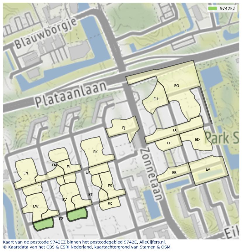 Afbeelding van het postcodegebied 9742 EZ op de kaart.