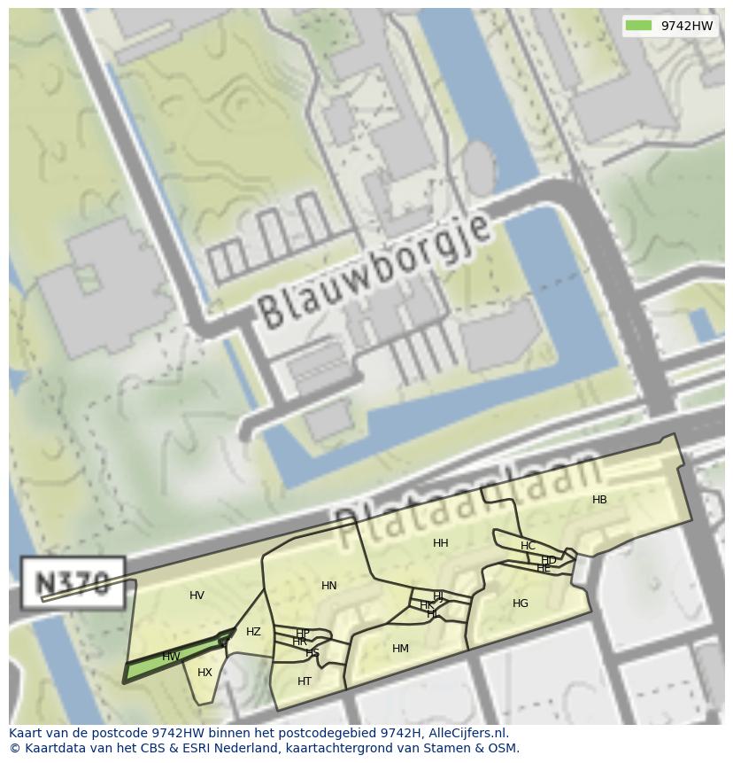 Afbeelding van het postcodegebied 9742 HW op de kaart.