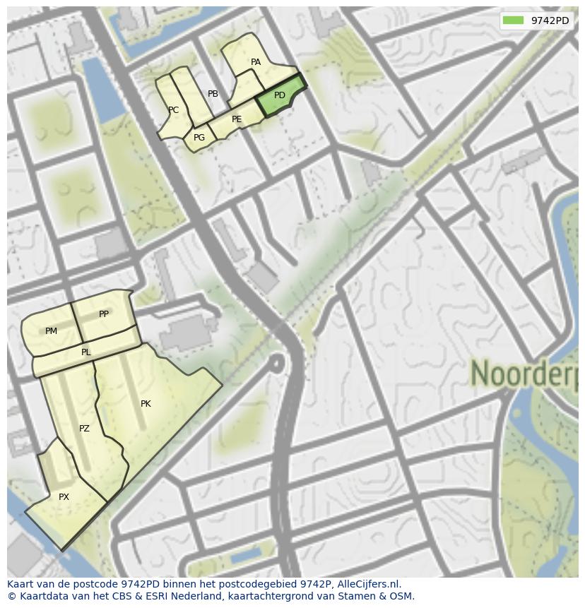 Afbeelding van het postcodegebied 9742 PD op de kaart.
