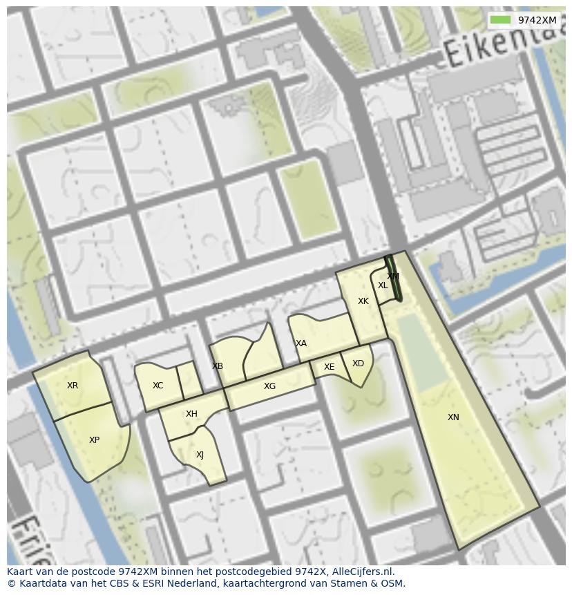 Afbeelding van het postcodegebied 9742 XM op de kaart.