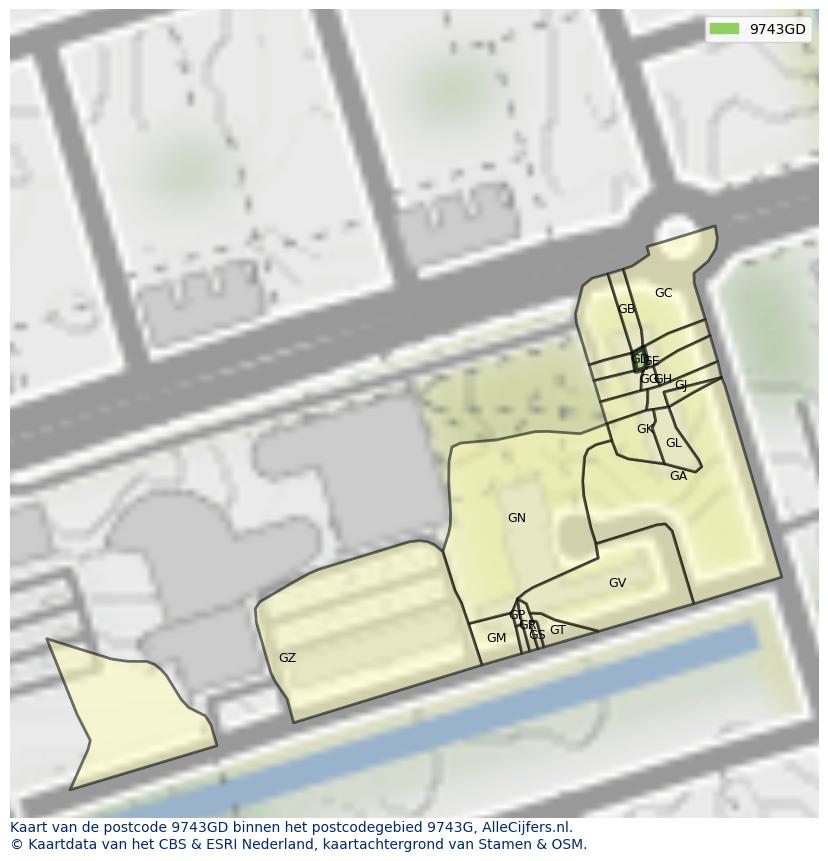 Afbeelding van het postcodegebied 9743 GD op de kaart.