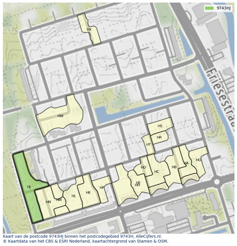 Afbeelding van het postcodegebied 9743 HJ op de kaart.