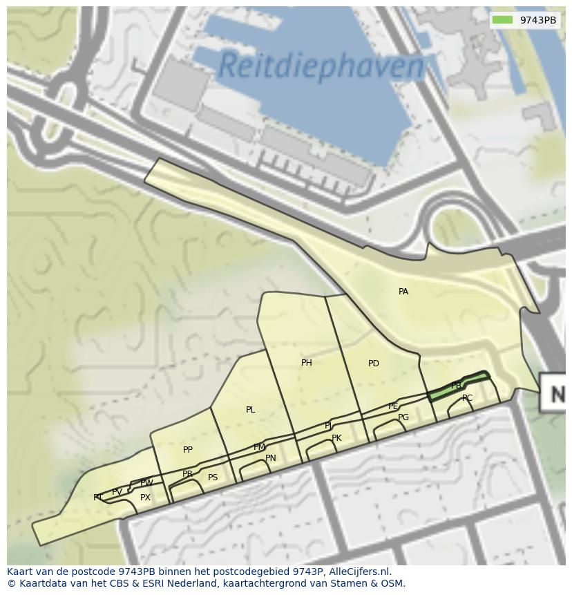 Afbeelding van het postcodegebied 9743 PB op de kaart.