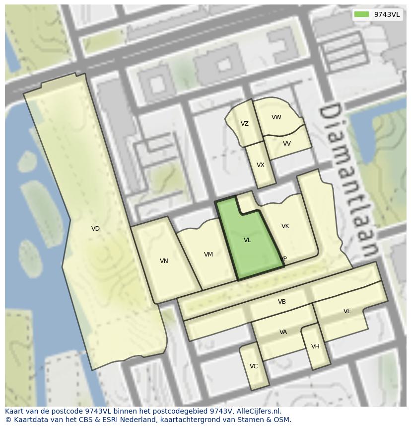 Afbeelding van het postcodegebied 9743 VL op de kaart.