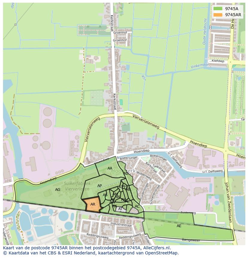 Afbeelding van het postcodegebied 9745 AR op de kaart.