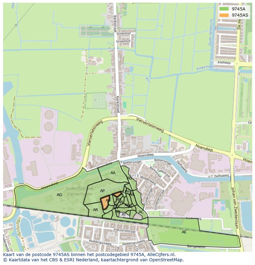 Afbeelding van het postcodegebied 9745 AS op de kaart.