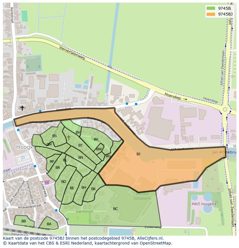 Afbeelding van het postcodegebied 9745 BJ op de kaart.