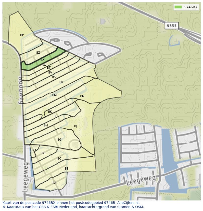 Afbeelding van het postcodegebied 9746 BX op de kaart.