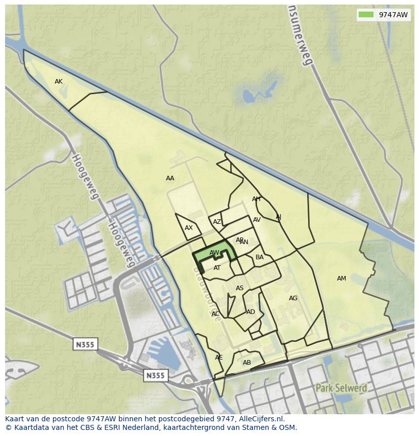 Afbeelding van het postcodegebied 9747 AW op de kaart.