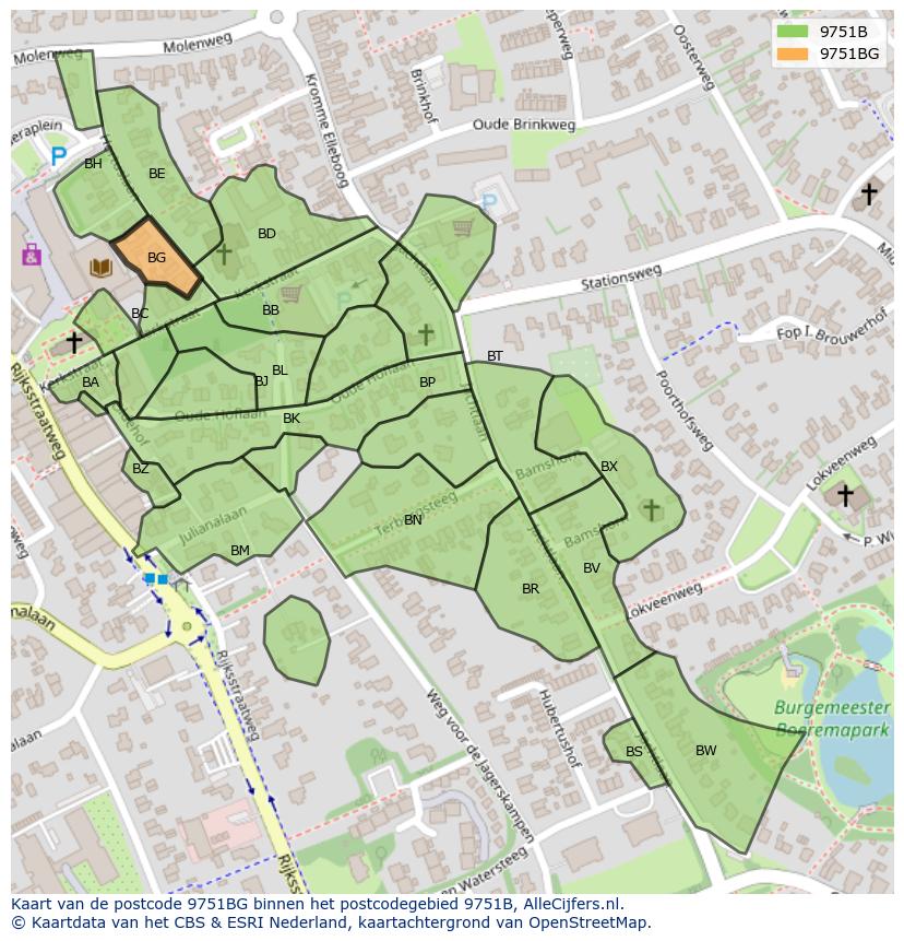 Afbeelding van het postcodegebied 9751 BG op de kaart.