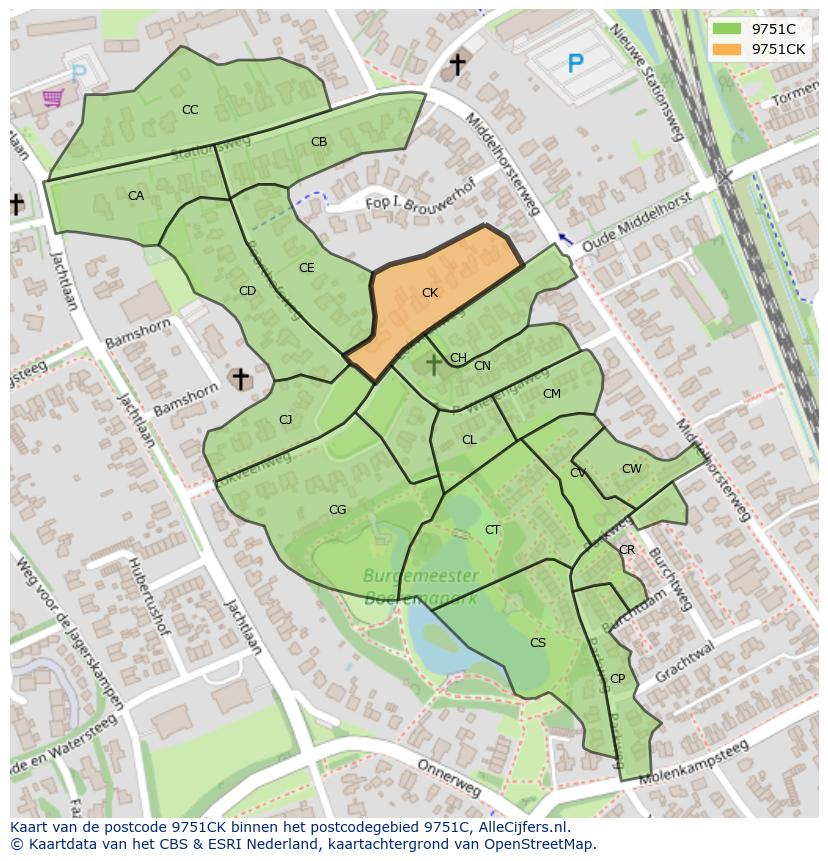 Afbeelding van het postcodegebied 9751 CK op de kaart.