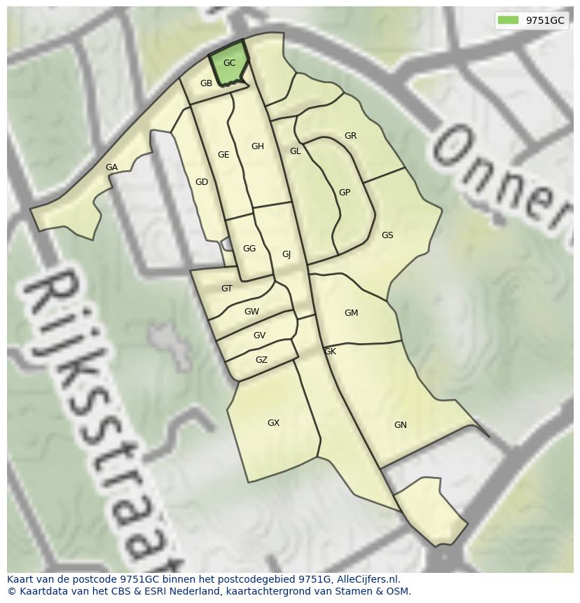 Afbeelding van het postcodegebied 9751 GC op de kaart.