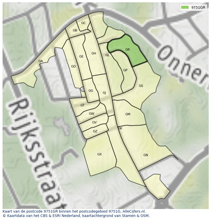 Afbeelding van het postcodegebied 9751 GR op de kaart.