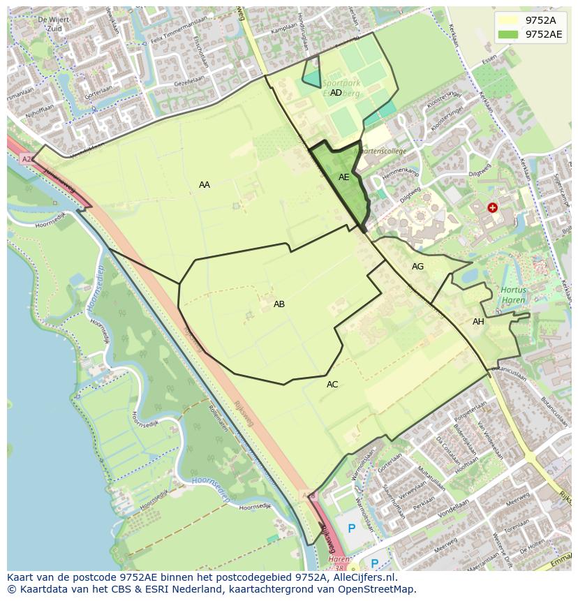 Afbeelding van het postcodegebied 9752 AE op de kaart.
