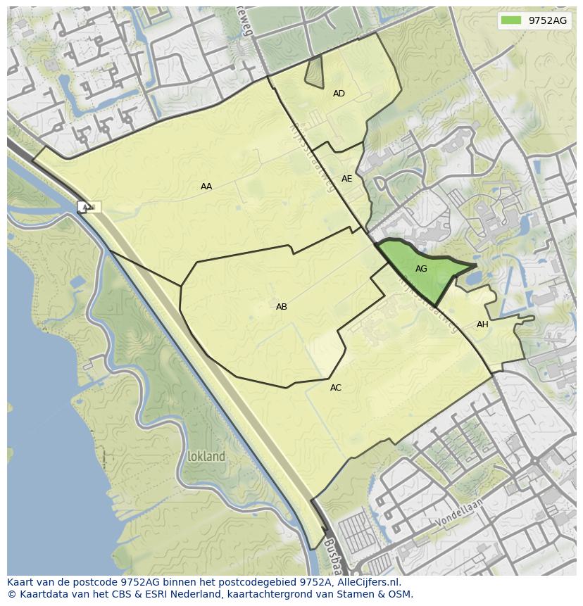 Afbeelding van het postcodegebied 9752 AG op de kaart.